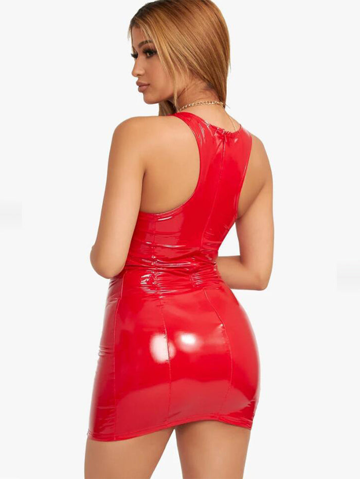 Vibrant, High-Stretch PU Round Neck Bodycon Mini Dress