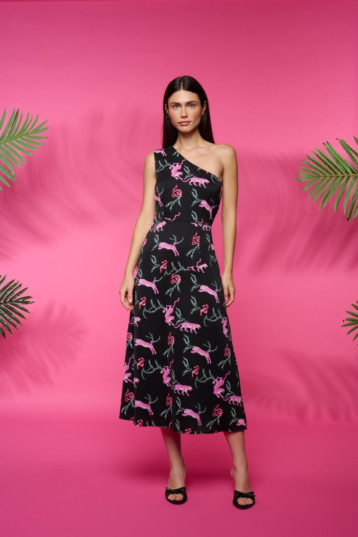 Vuelo One Shoulder Dress (Black/Pink)