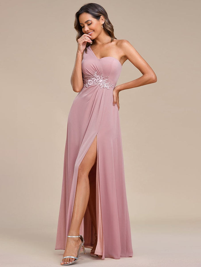 Waist Applique One-Shoulder A-Line Bridesmaid Dress with High Slit
