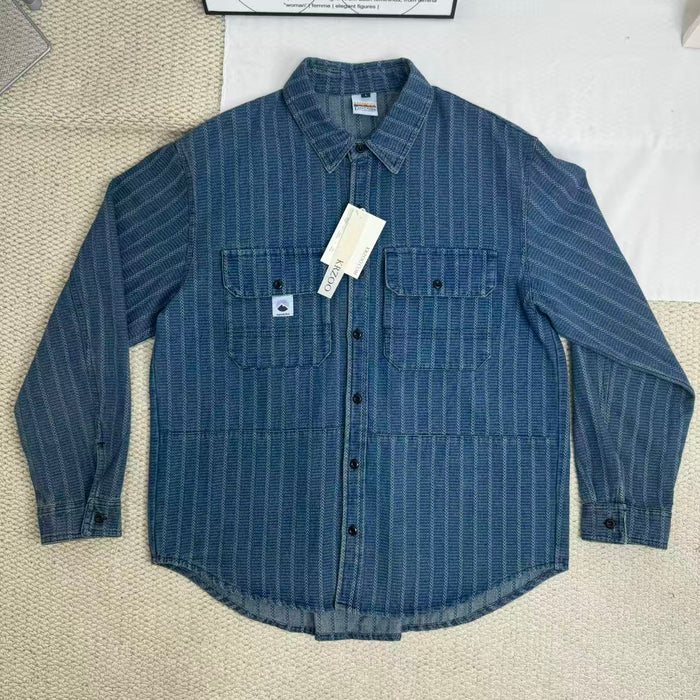 Washed Distressed Striped Long-Sleeved Shirt