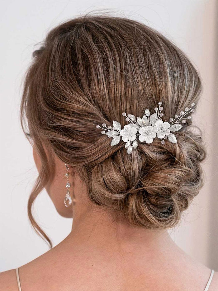 White Flower Silver Leaf Opal Rhinestone Hair Comb