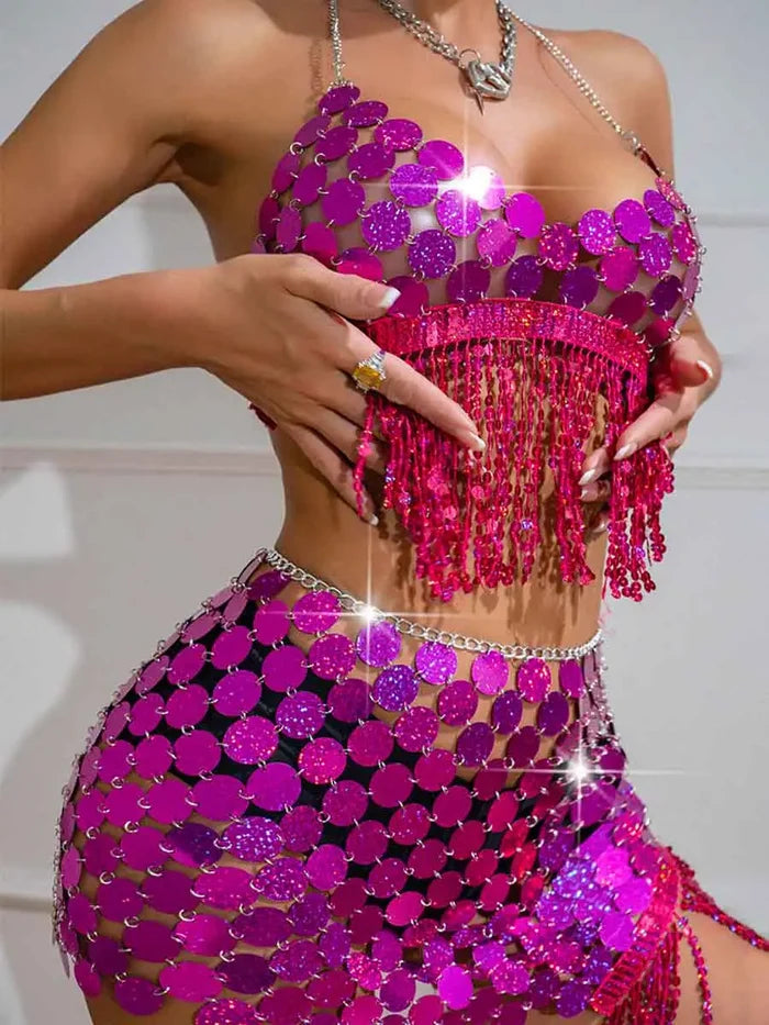 Women's Pink Sparkly Tassel Bra Sequin Disc Mini Skirt Set