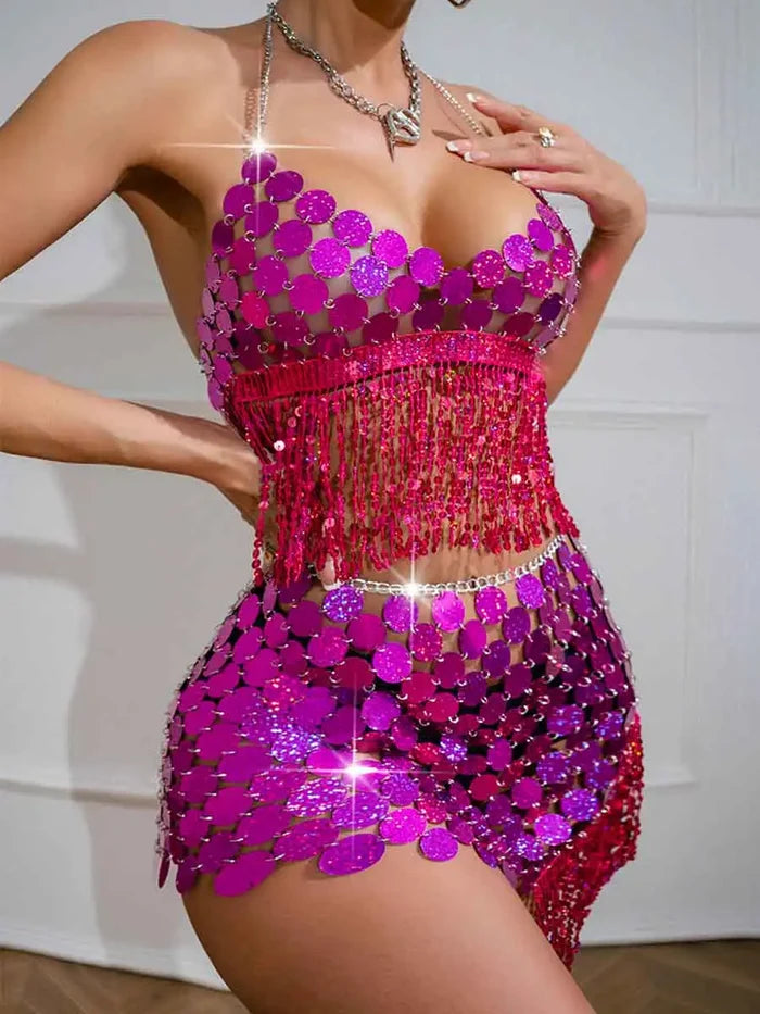 Women's Pink Sparkly Tassel Bra Sequin Disc Mini Skirt Set
