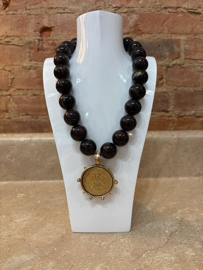 Yochi Brown Bead Coin Necklace