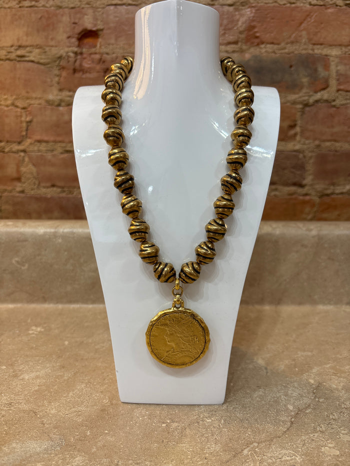 Yochi Stripe Bead Coin Necklace
