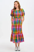 Yolanda Midi Shirred Dress (Multi Summer Rainbow Check)